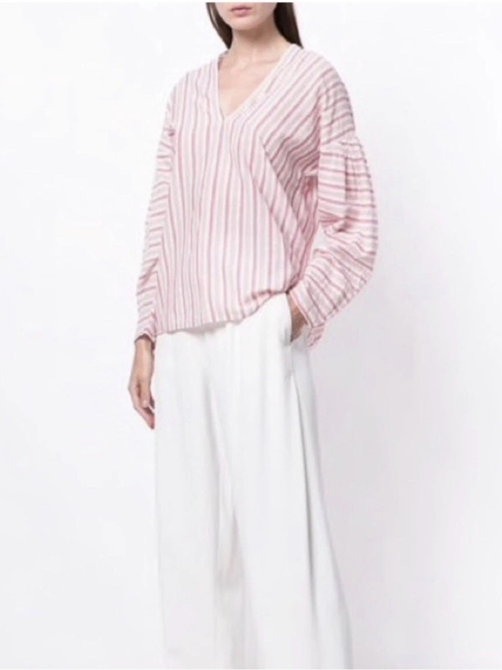 Vince Red Stripe V-Neck Balloon Sleeve Blouse Size XS
